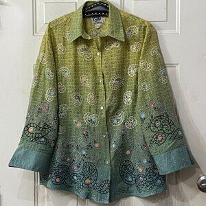 VTG Pong Poco Ltd Sz XL Green Blouse Shirt Button Up 3/4 Sleeve Embroidered